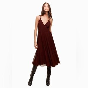 Aritzia Wilfred Beaune Pleated Wrap Midi Dress XXS Burgundy Meghan Markle wore